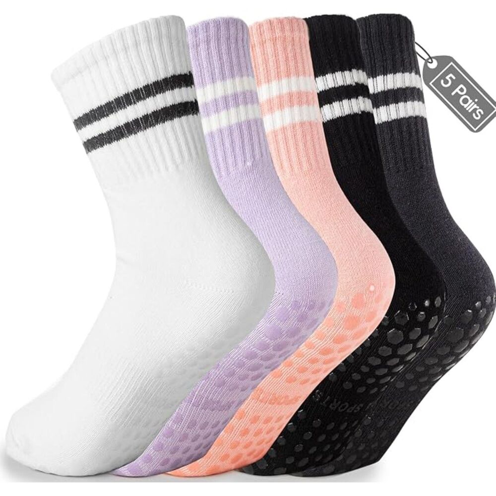 6 Pairs Women's Non Slip Grip Crew Socks Yoga Pilates Hospital Slipper Socks New
